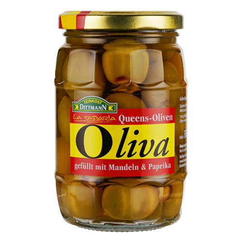 Feinkost Dittmann Oliva Queens-Oliven grün gefüllt mit Mandeln Paprika im Glas 185 g