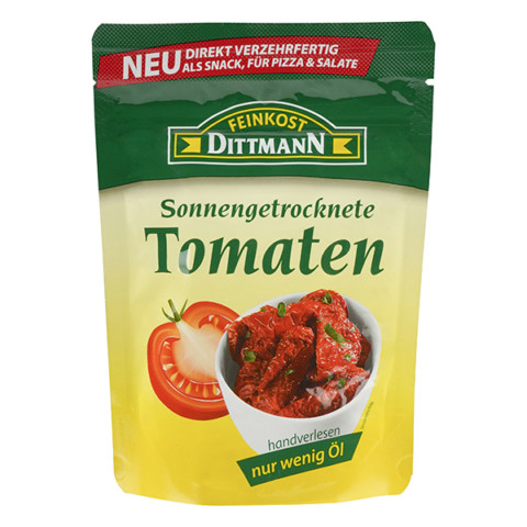 Feinkost Dittmann Sonnengetrocknete Tomaten direkt verzehrfertig handverlesen nur wenig Öl Plastiktüte 125 g