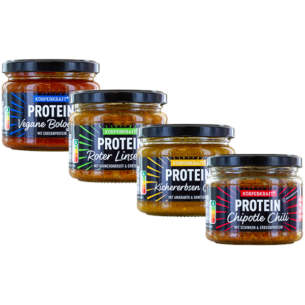 Körperkraft Protein 4-er Probierset einmal vegane Bolognese mit Erbsenprotein im Glas 280 g einmal Roter Linsentopf mit zartem Hähnchenbrustfilet im Glas 280 g einmal Kichererbsen Curry mit Amaranth und Hanfsamen im Glas 280 g und einmal Chipotle Chilli mit magerem Schinken im Glas 280 g